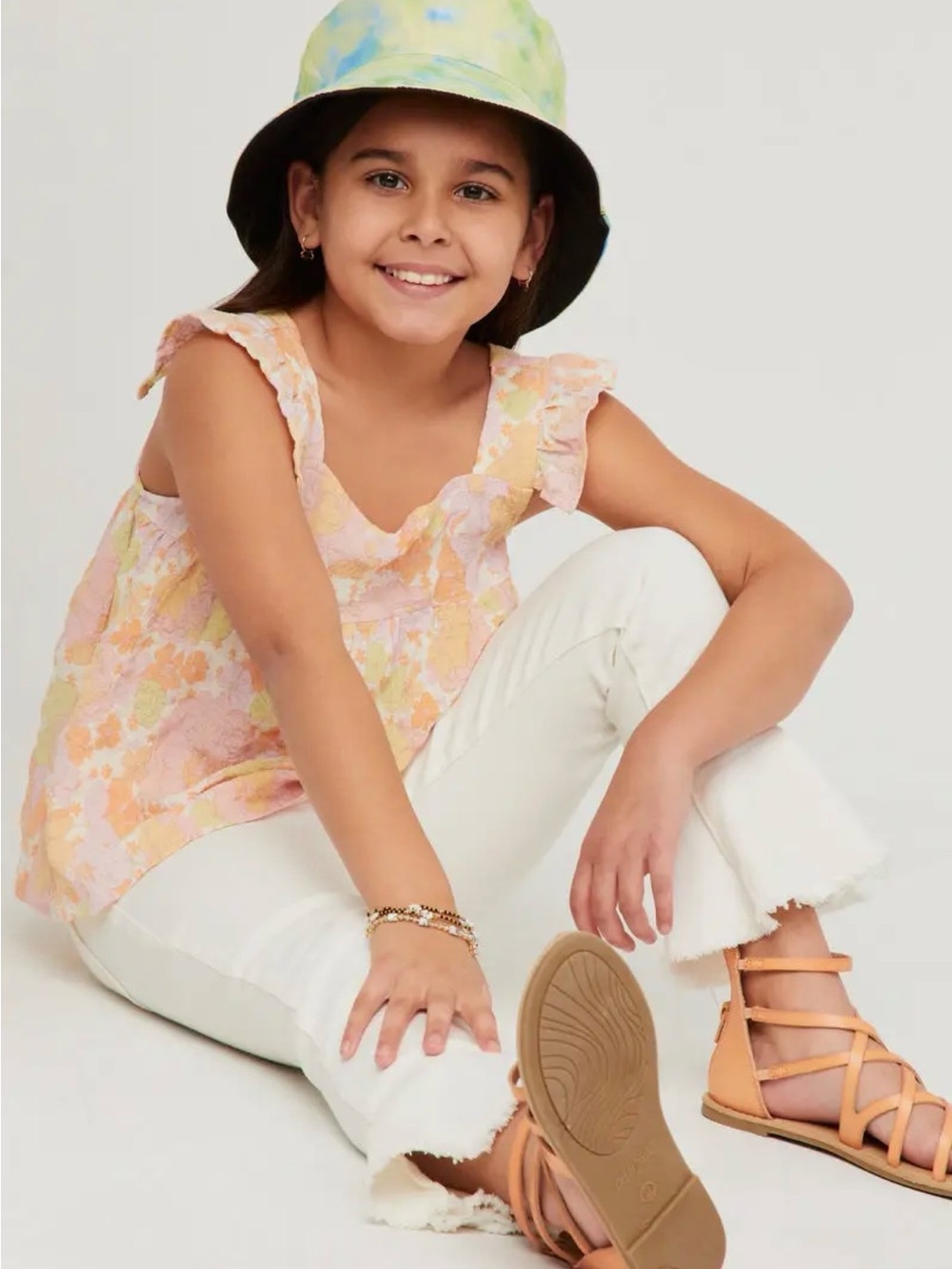 Hayden LA Girls Floral Ruffle Tank Top in Pastel Peach
